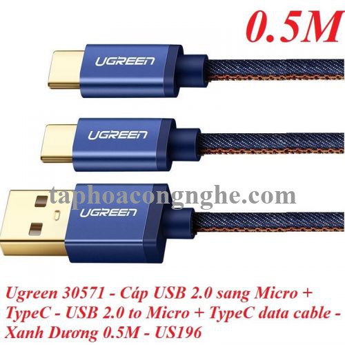 Ugreen 30571 0.5m màu xanh Cáp USB-A 2.0 sang Micro USB + USB-C US196 30030571